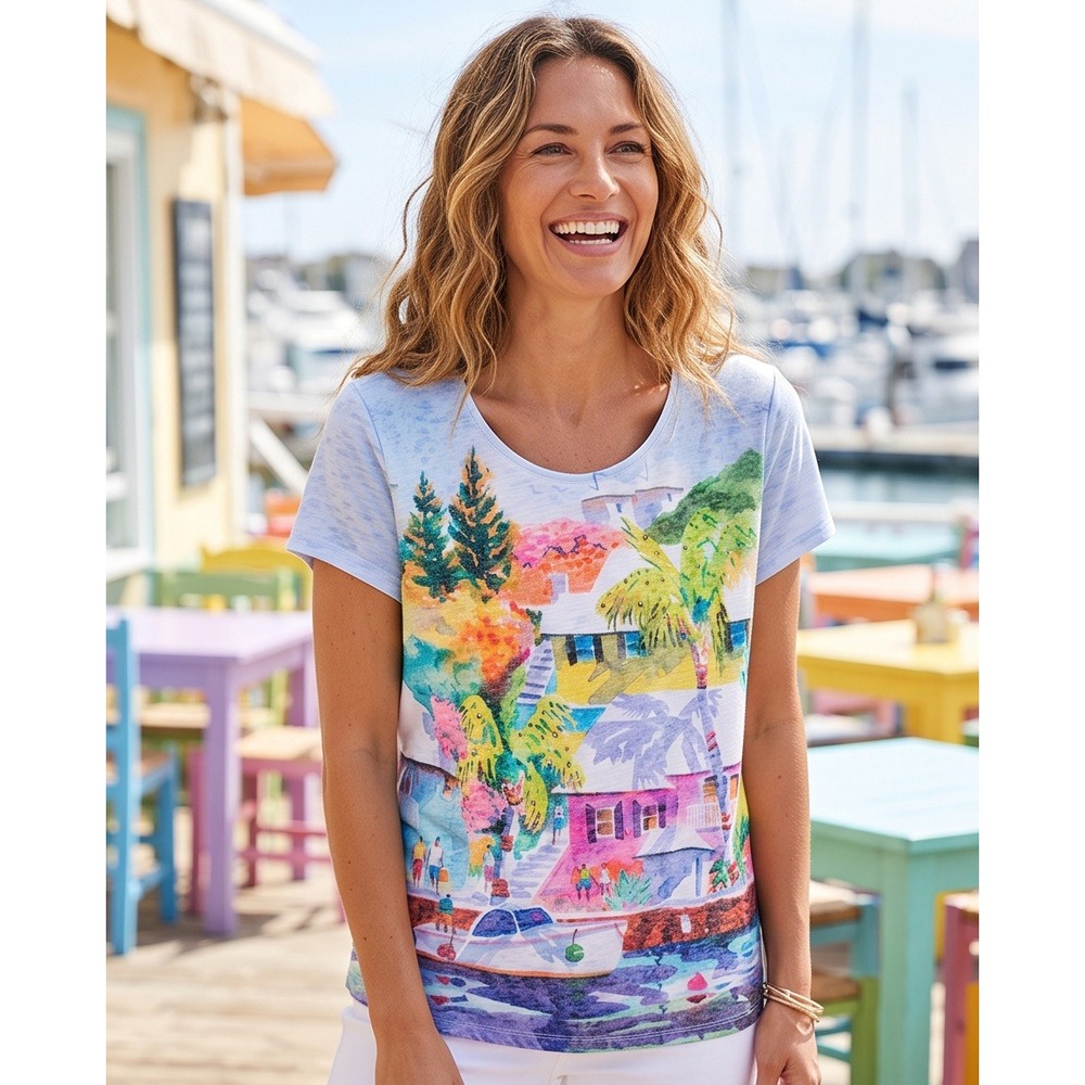 Ellen Negley Women XXL Blue Watercolor Tropical Harbor Rhinestone T-Shirt
